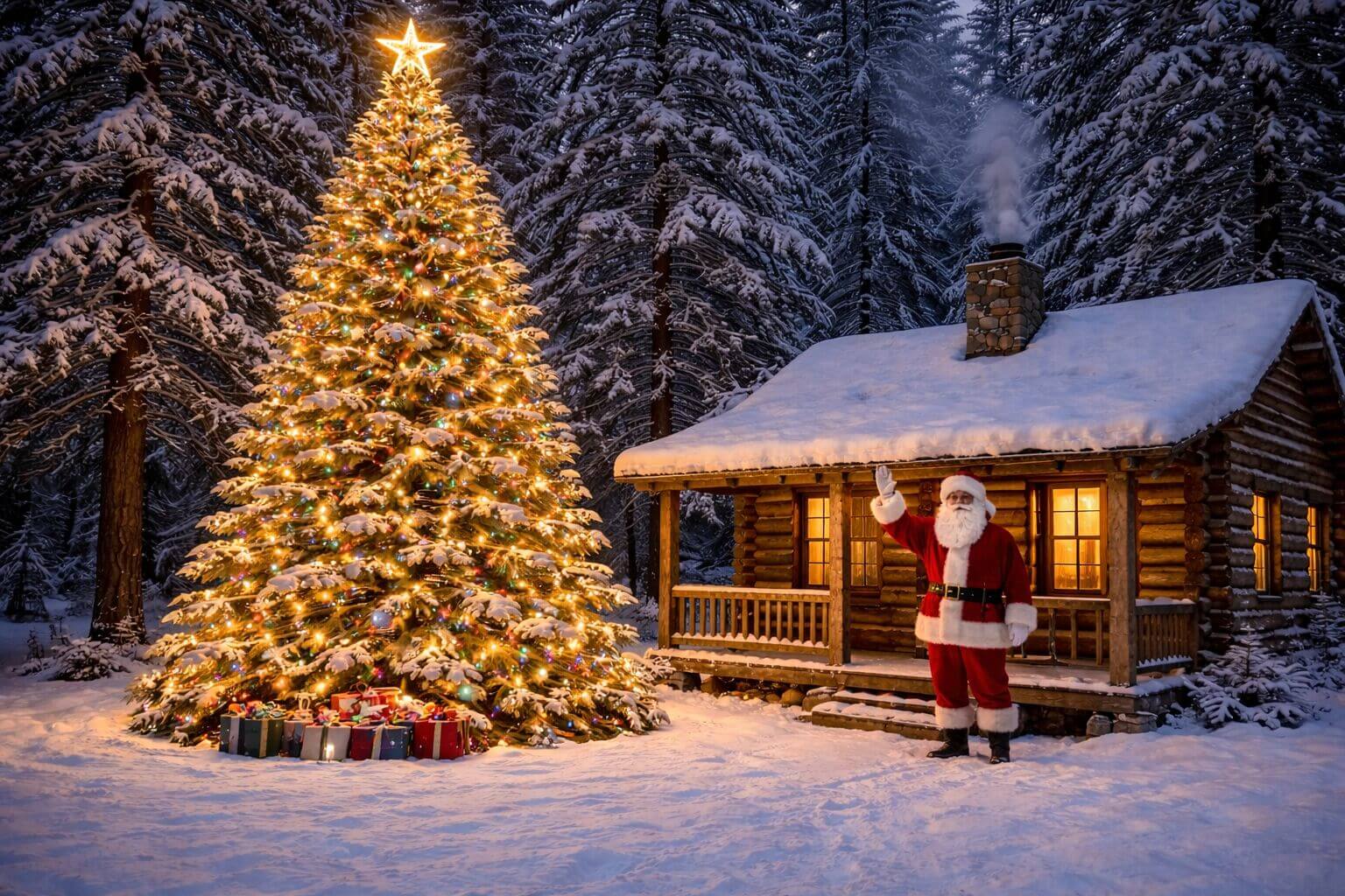 Santa waving from the porch of a log cabin beneath a large outdoor Christmas tree in the Michigan wilderness during winter
