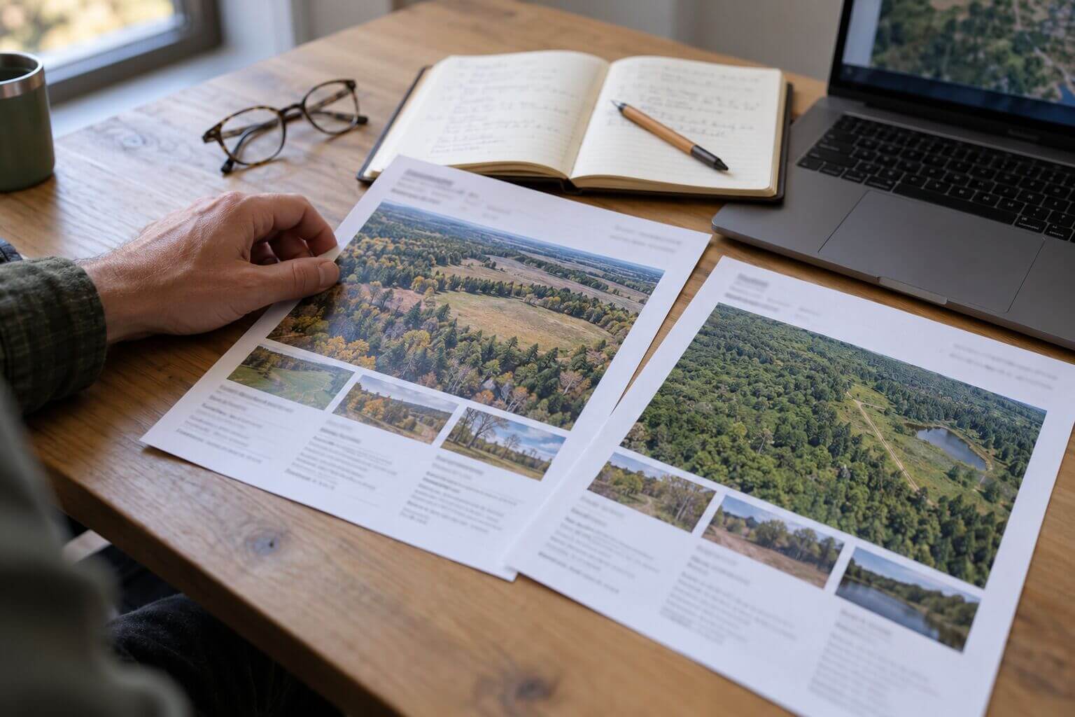 Listing sheets, a notebook and a laptop arranged for a side-by-side source review.
- Image title: The Honest Caveat