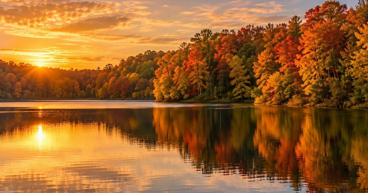 Small lake at sunset with fall-colored shoreline trees reflected on calm water in Michigan