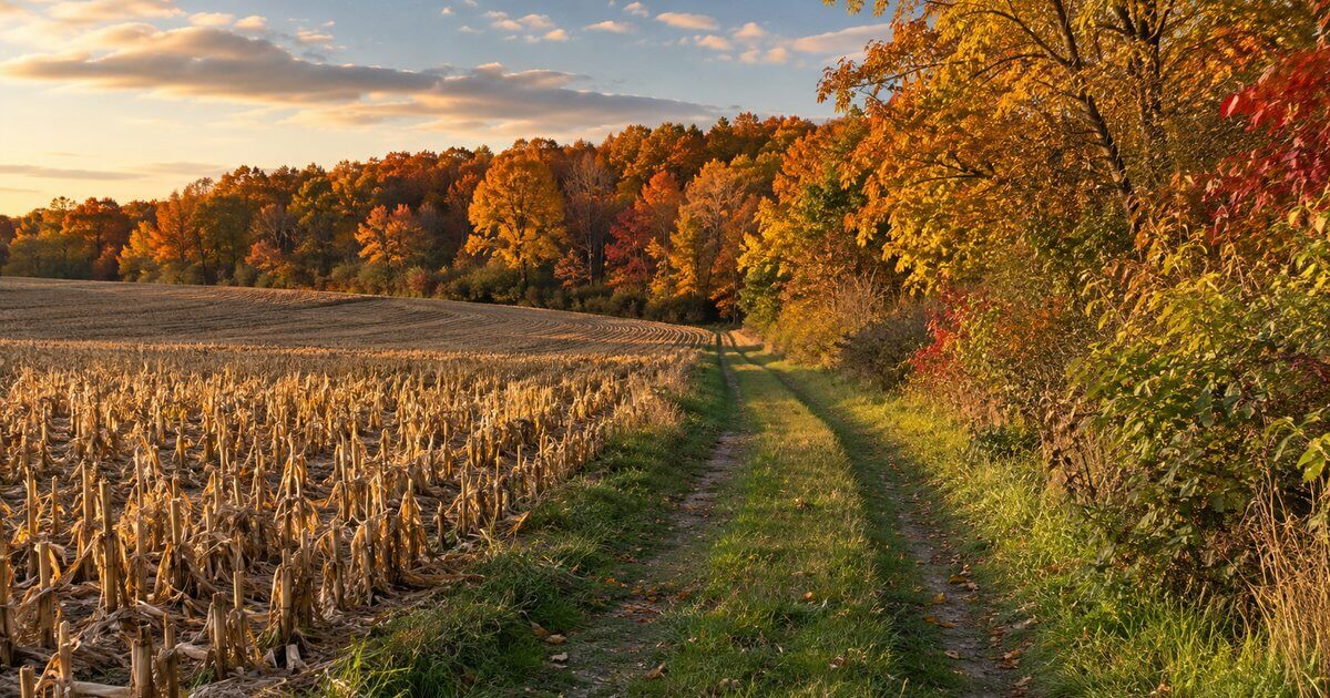 Grassy two-track lane between corn stubble and a brushy fall fencerow in late-day Michigan light