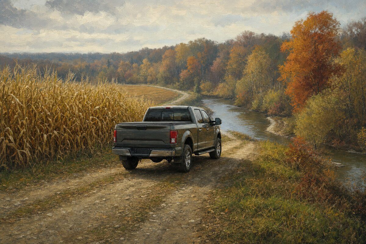 Pickup on a field road above a creek bend with standing corn and fall timber