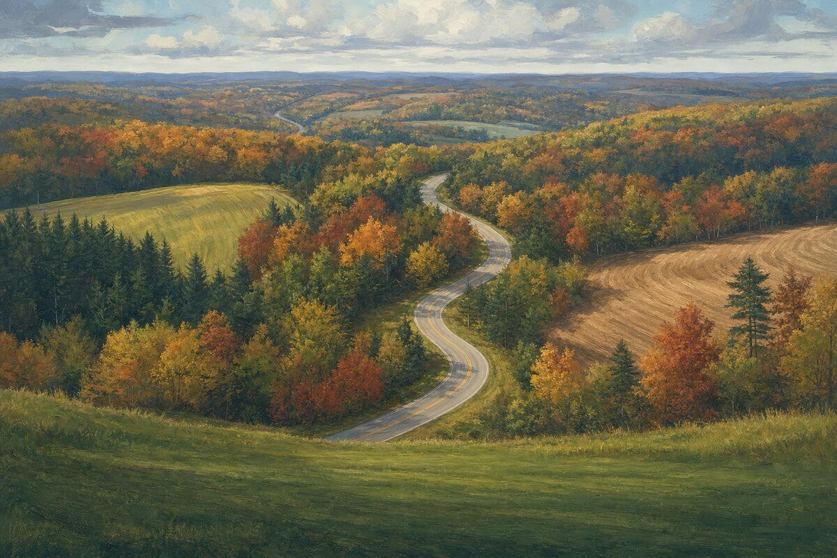 Two-lane rural highway winding through Michigan farmland and woods in fall