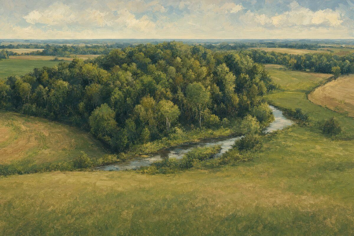 Elevated view of a compact block of timber and fields with a creek running through