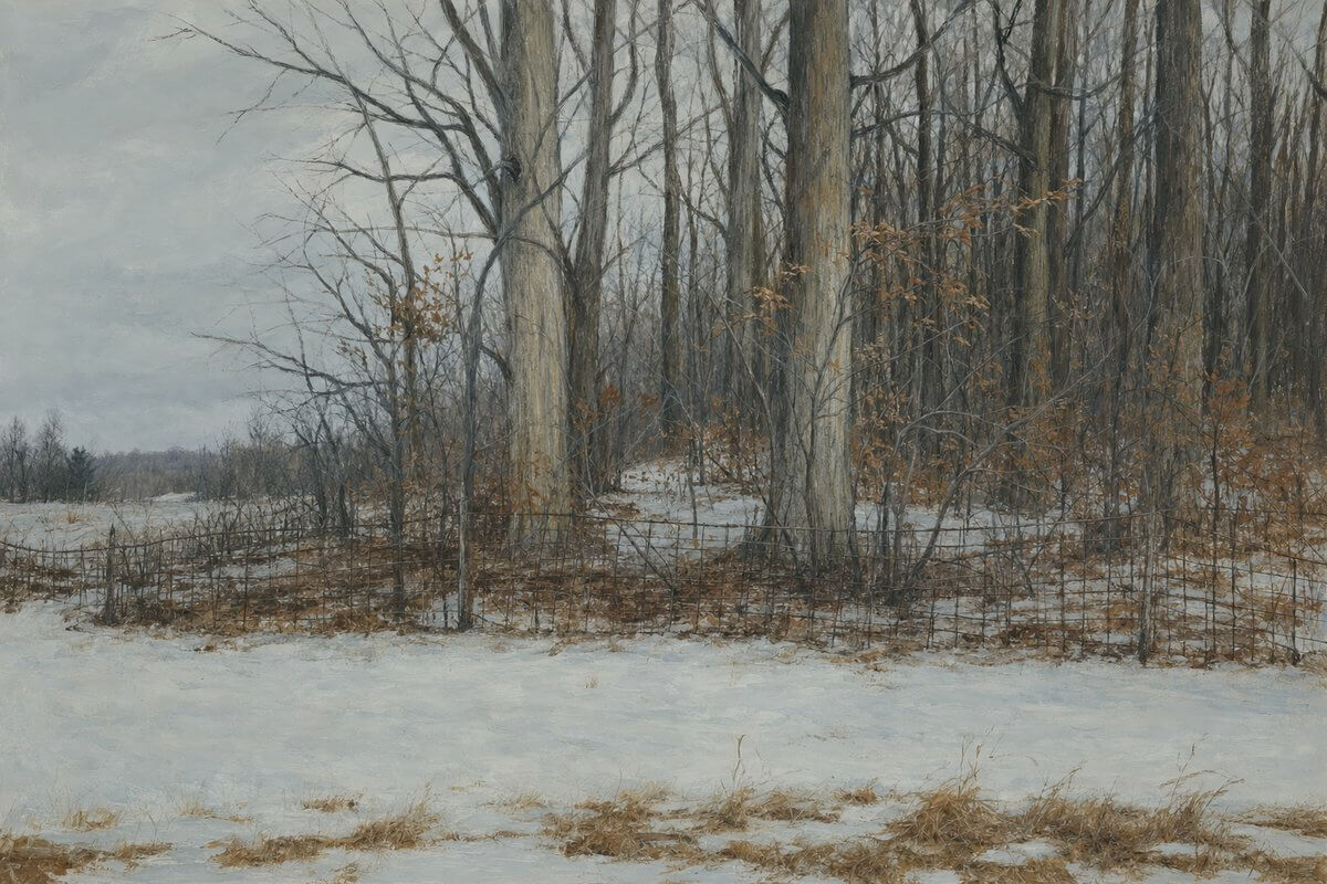 Old wire farm fence running along the edge of snowy hardwoods under a gray February sky