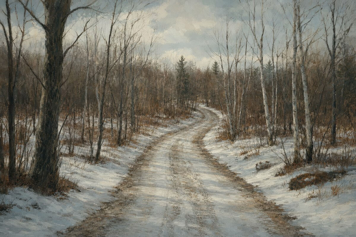 Snowy gravel road through leafless Michigan woods in February
