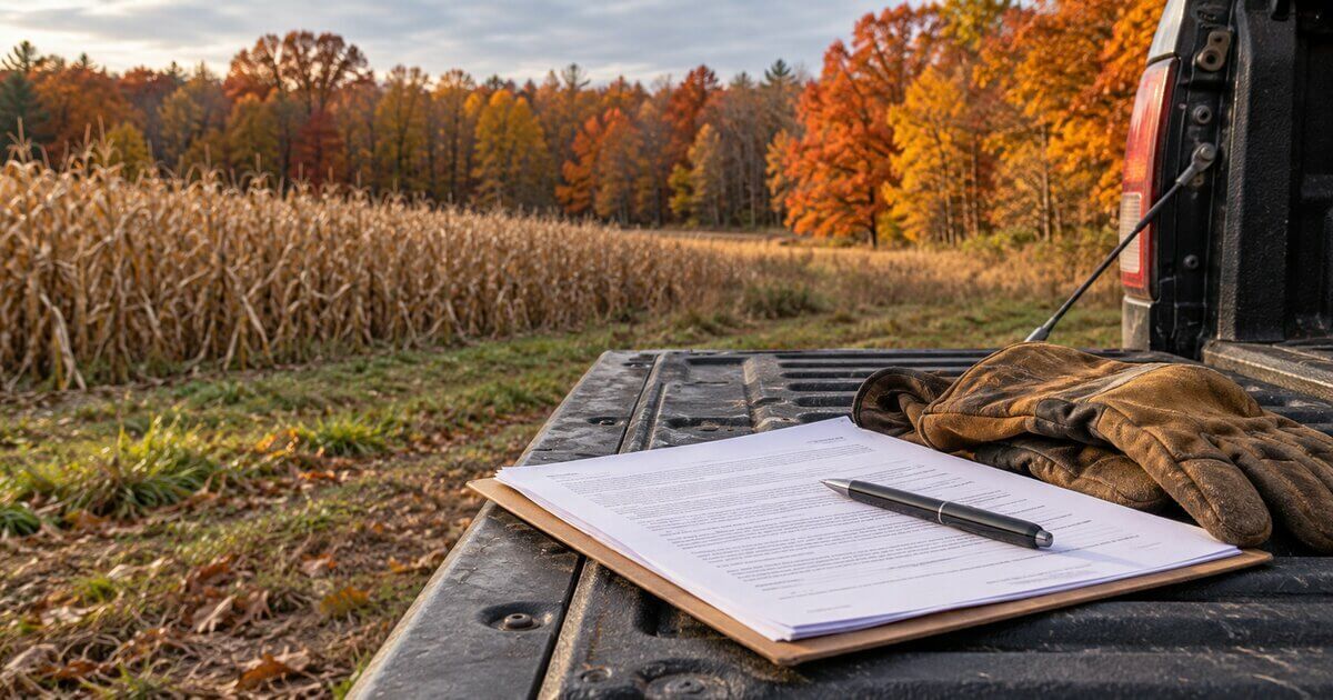 Unmarked hunting lease agreement on a pickup tailgate at a Michigan field edge