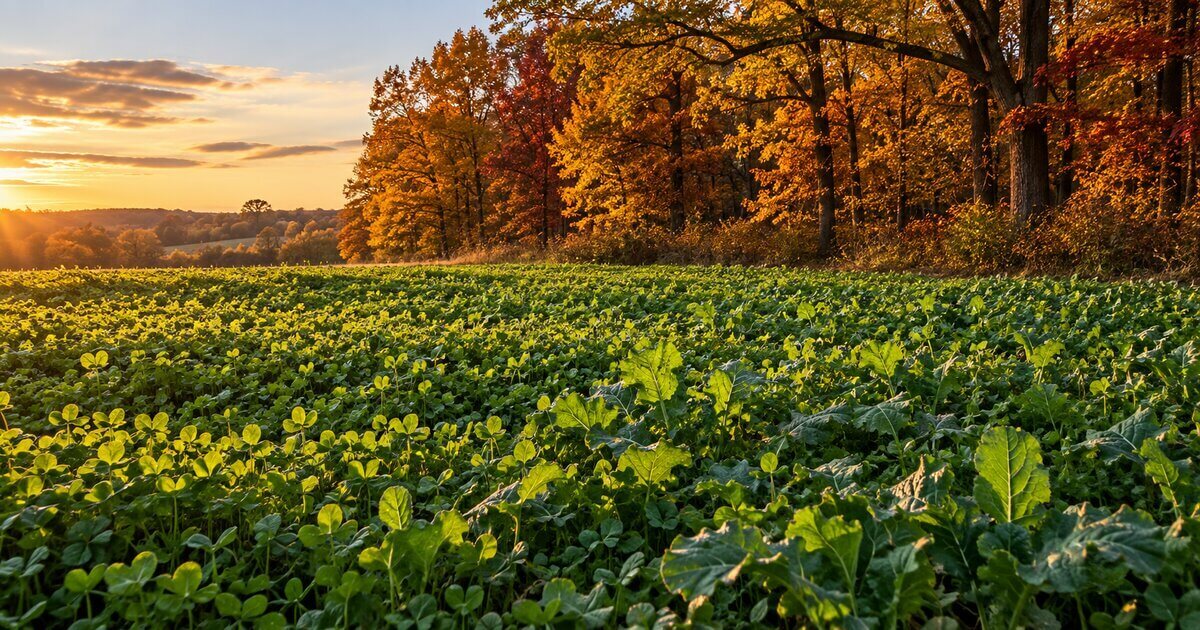 Clover and brassica food plot beside oak timber on a Michigan hunting lease property