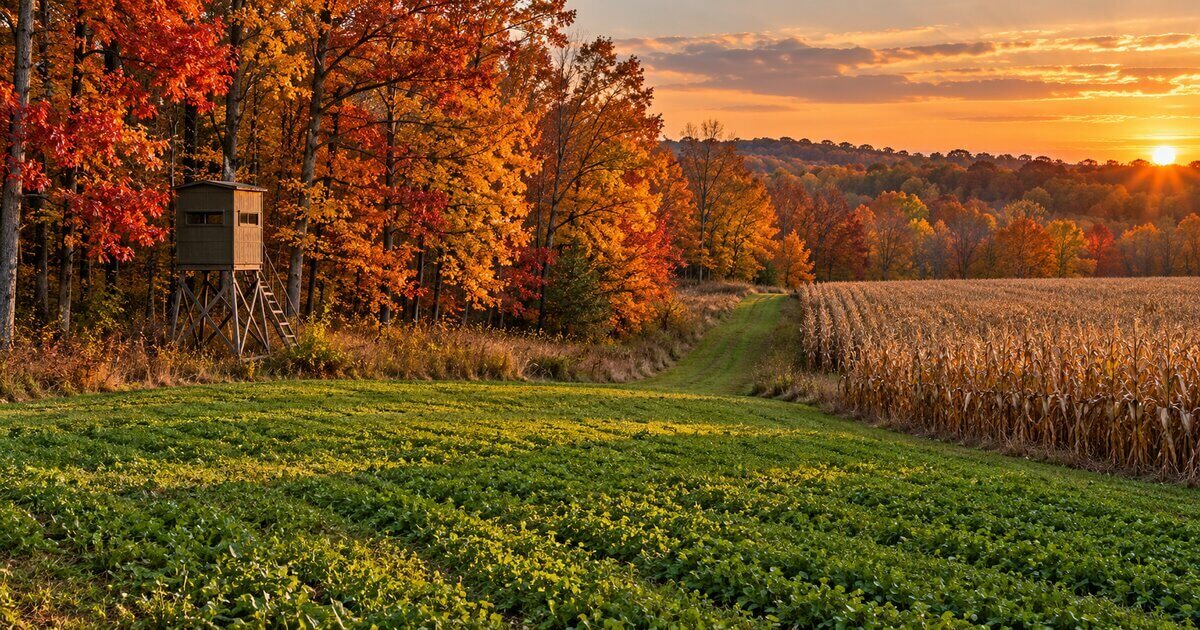 Managed Michigan hunting property with food plot and elevated blind in October color