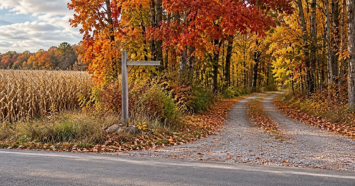 Gravel drive into a rural Michigan property with a blank sign post in autumn color