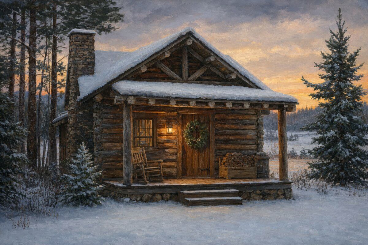 Snowy log cabin porch with a pine wreath and a glowing lantern at dusk