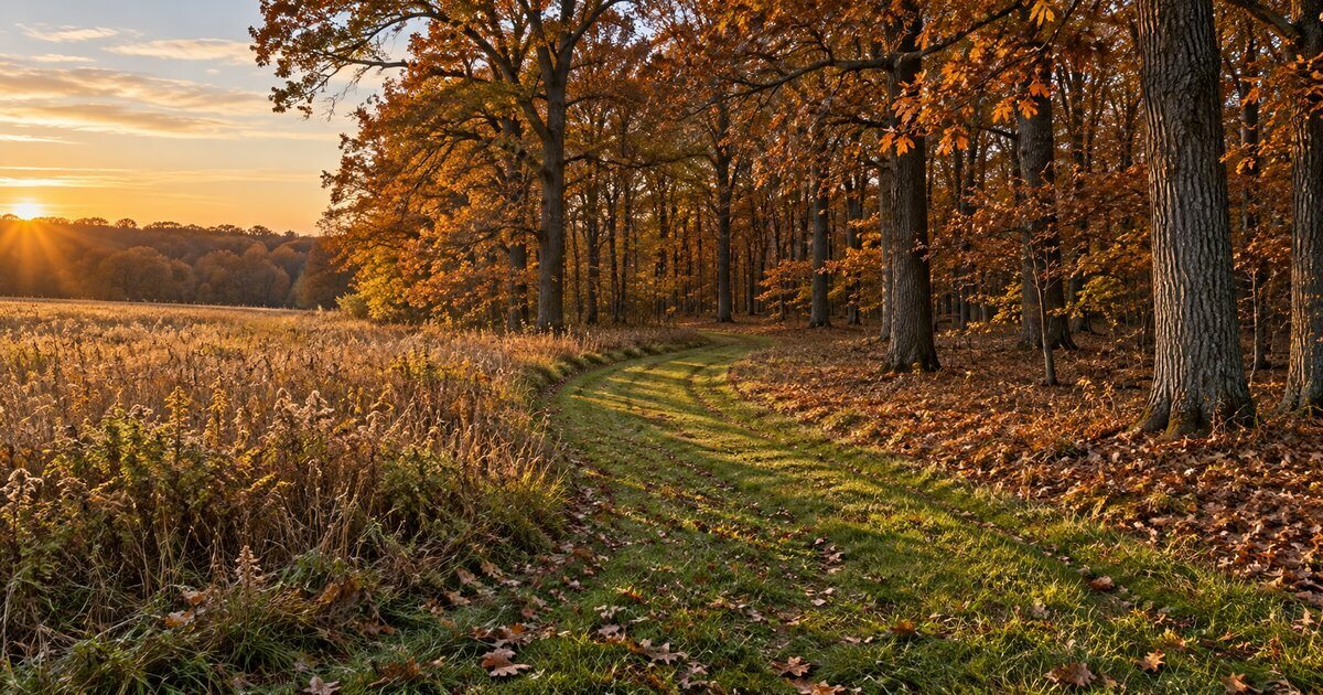 Mowed trail leading into oak timber on a managed Michigan hunting property in late October