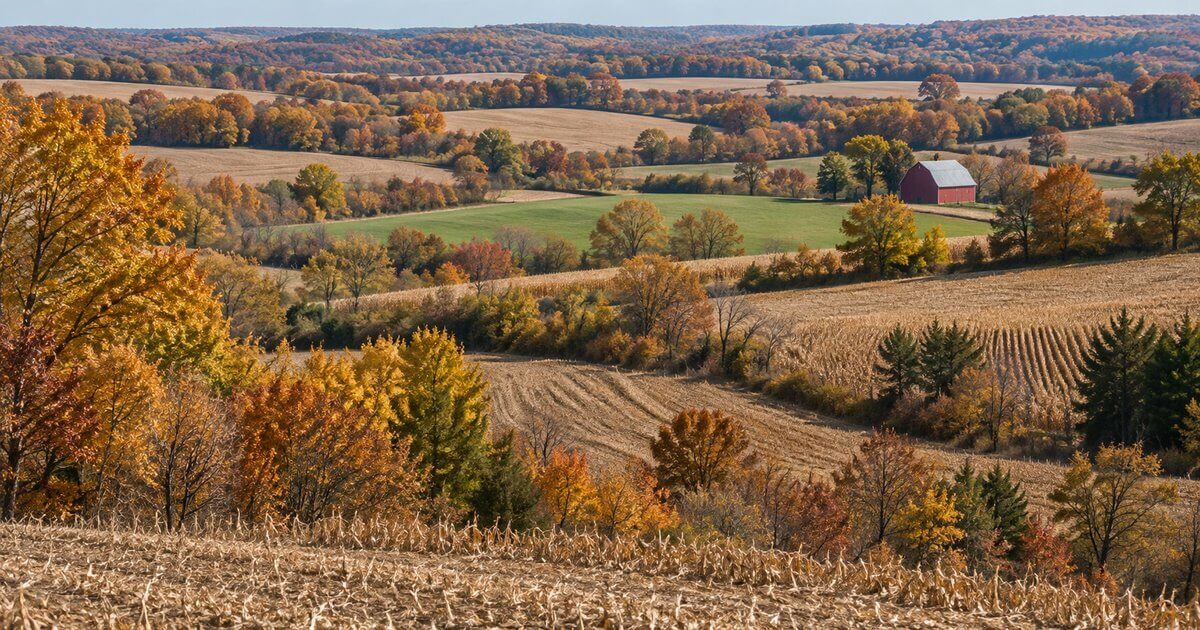 Rolling southern Michigan farmland with woodlots and fencerows near the Ohio line in October