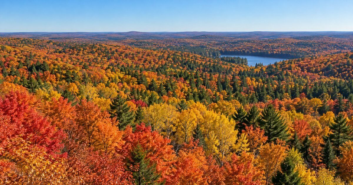 Northern Michigan hardwood and pine forest rolling to the horizon in peak October color