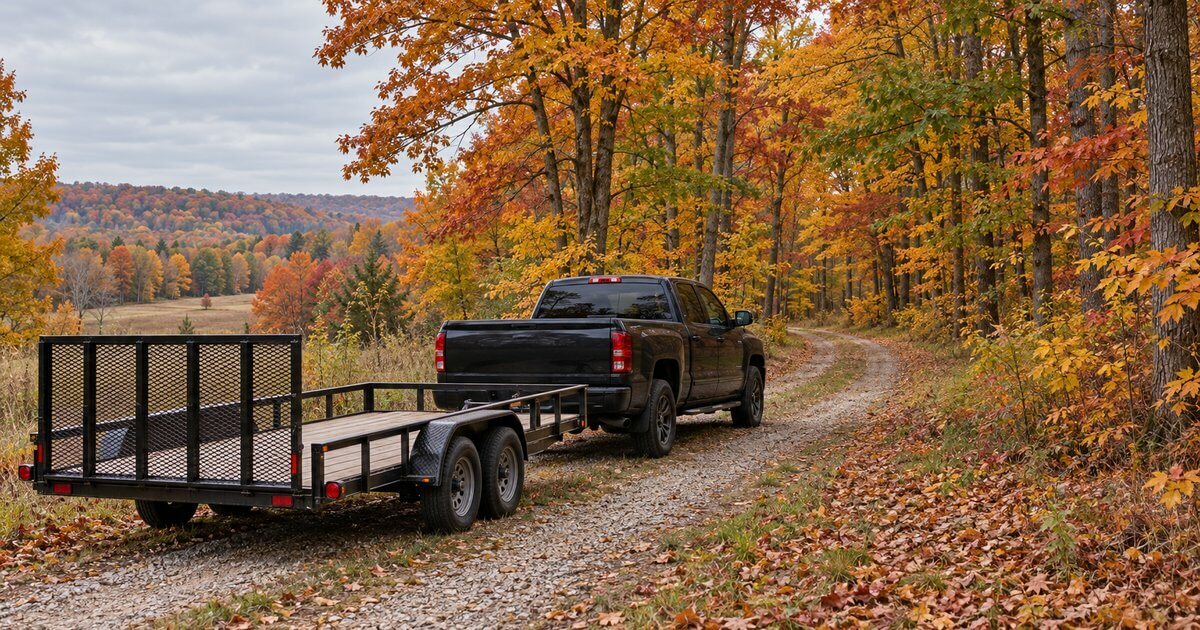 Pickup with an empty utility trailer parked on a gravel two-track at a Michigan woodlot edge