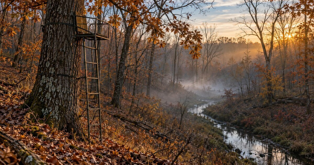 Empty ladder stand above a misty creek bottom in a Michigan hardwood draw at October sunrise