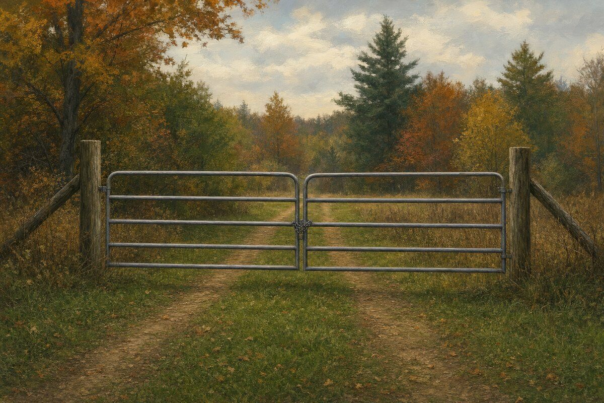 Closed steel farm gate across a grassy two-track leading into fall woods