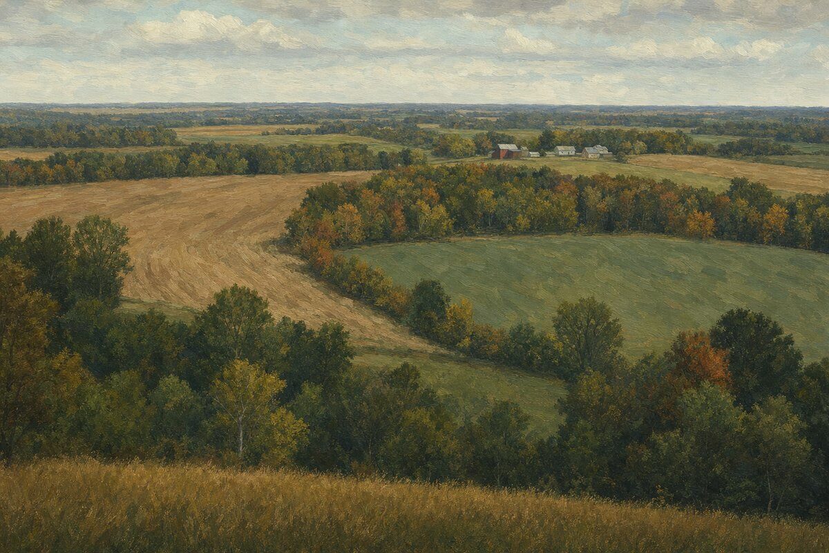 Elevated view of mixed farmland and woodlots with neighboring tree lines