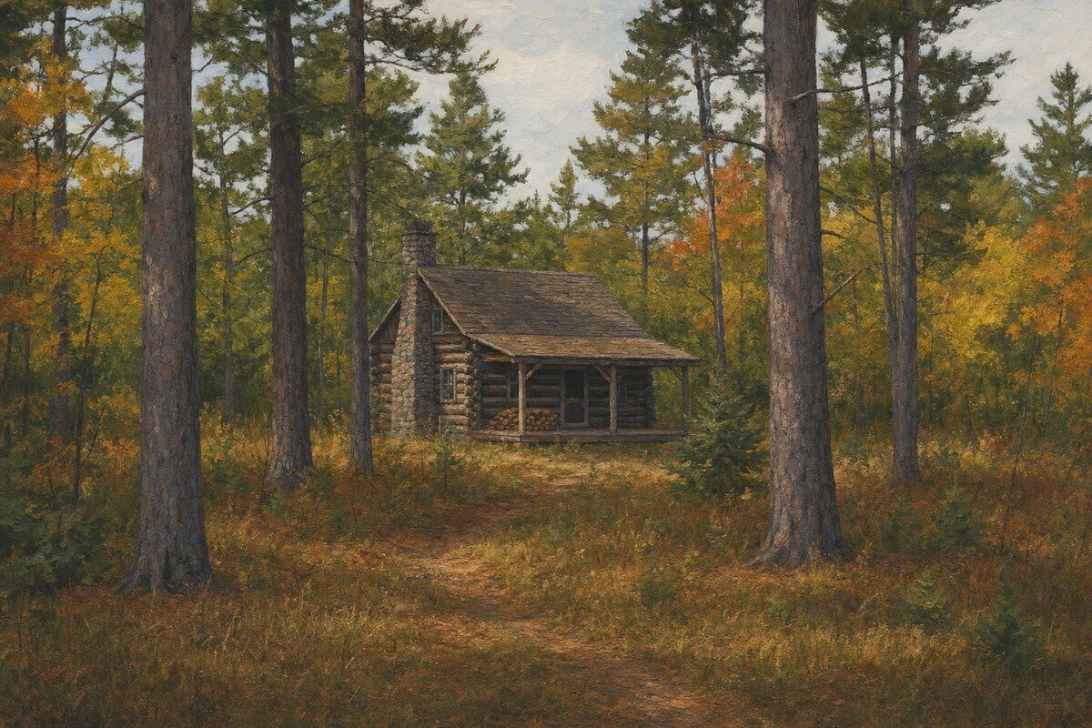 Small log cabin in red pines with a deer trail crossing the foreground in early fall