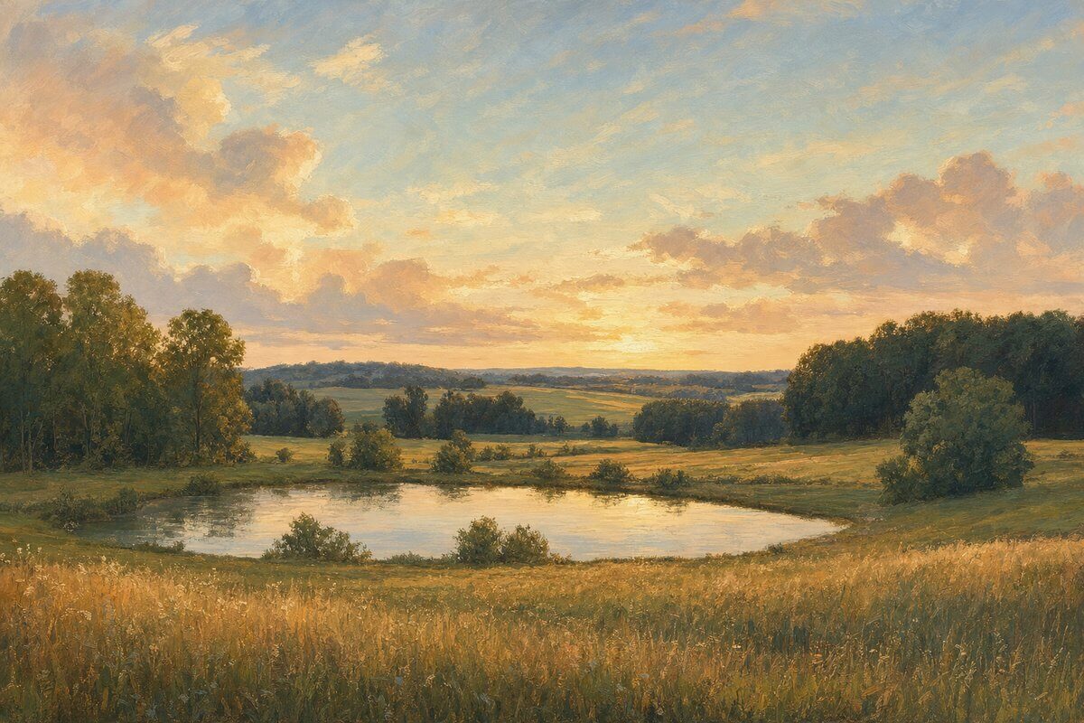 Michigan farmland with a pond and woodlots under a wide sky at golden hour